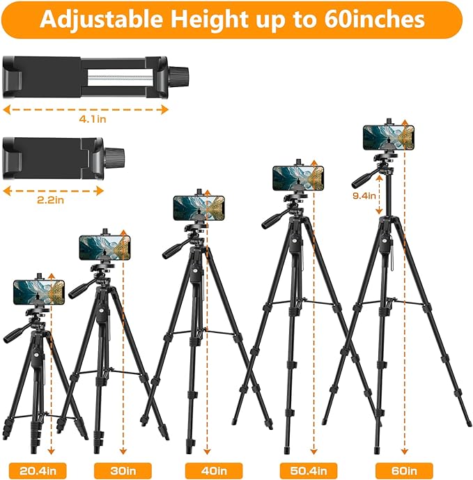 60Inch Aluminum Tripod with Remote, Travel Bag & Phone Mount for Cameras