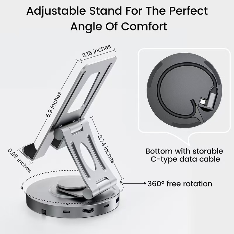 Adjustable Stand AUFULA 8-in-1 hub for mobile and tablet devices with HDMI 4K, USB 3.0, and audio support for a seamless experience.