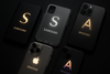 Black-Background with Phone Case Logo inside and text under the logo. (mixed design of both samsung and iphone cases) create your best design