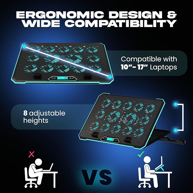 Ergonomic Cooling Pad with 8 Adjustable Angle and Silent 14-Fan Operation