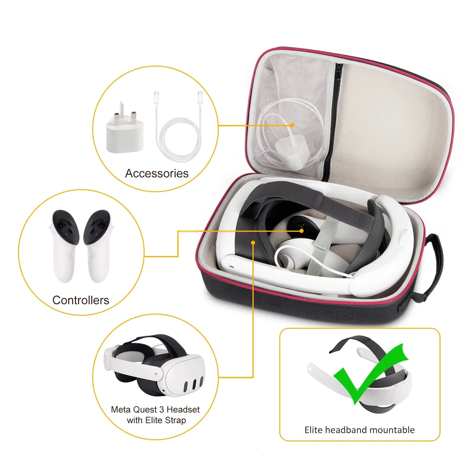 All-in-One Carrying Case for Meta Quest 3 & Elite Strap - Stylish & Durable - Elite Headband Mountable Strap