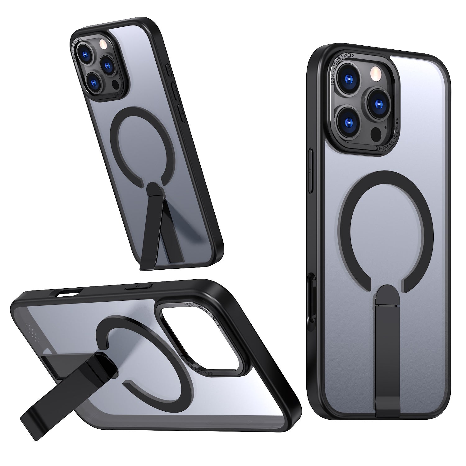 iPhone 13-16 MagSafe Compatible Transparent Case with Kickstand Ring | Black
