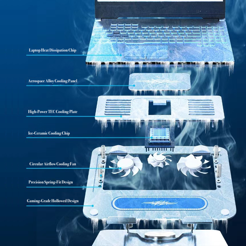 Adjustable D21 laptop cooler stand, designed with durable aluminum and plastic for reliable cooling and protection.
