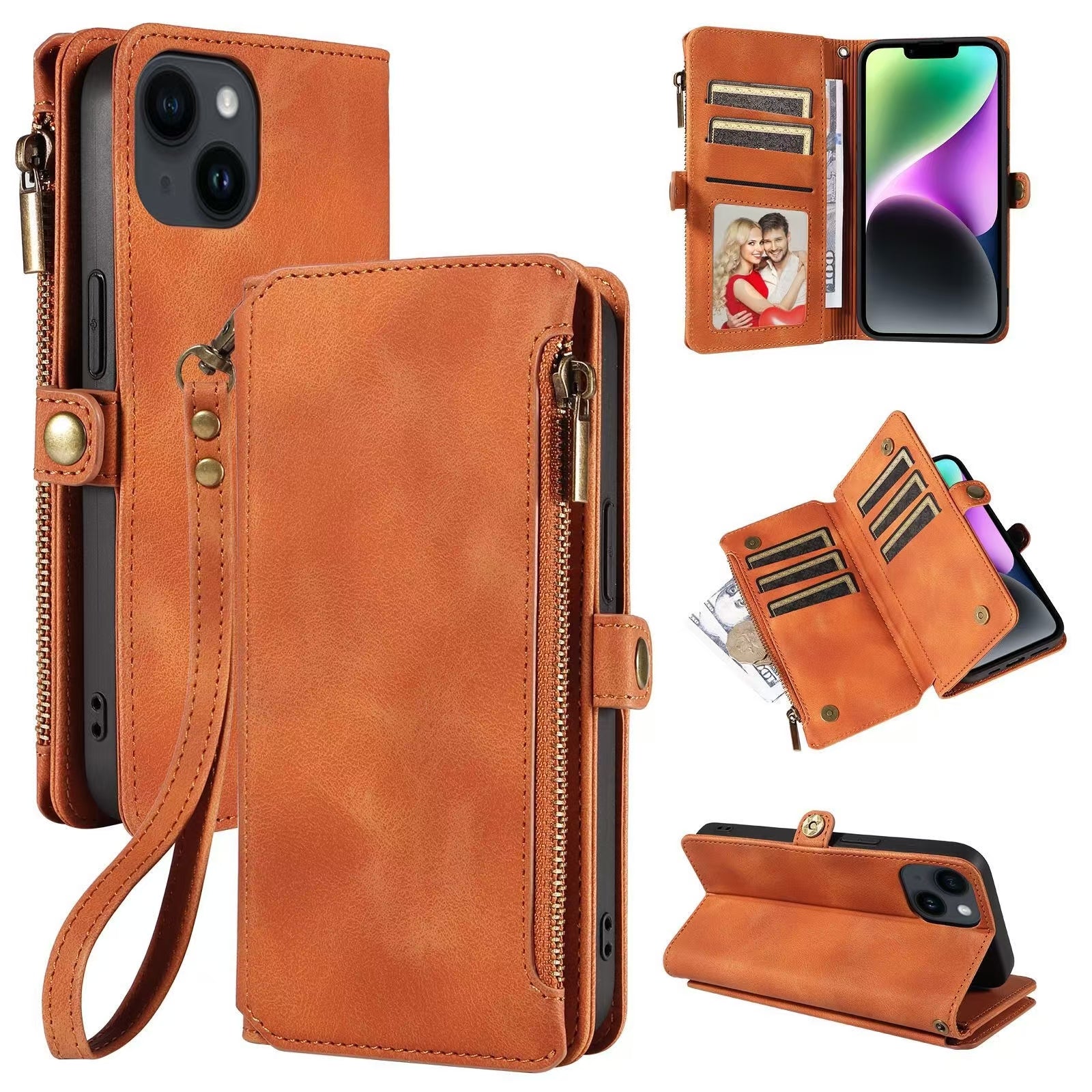orange Magnetic Trifold Wallet Case for Samsung/iPhone - Retro Leather Design BeezSpeed