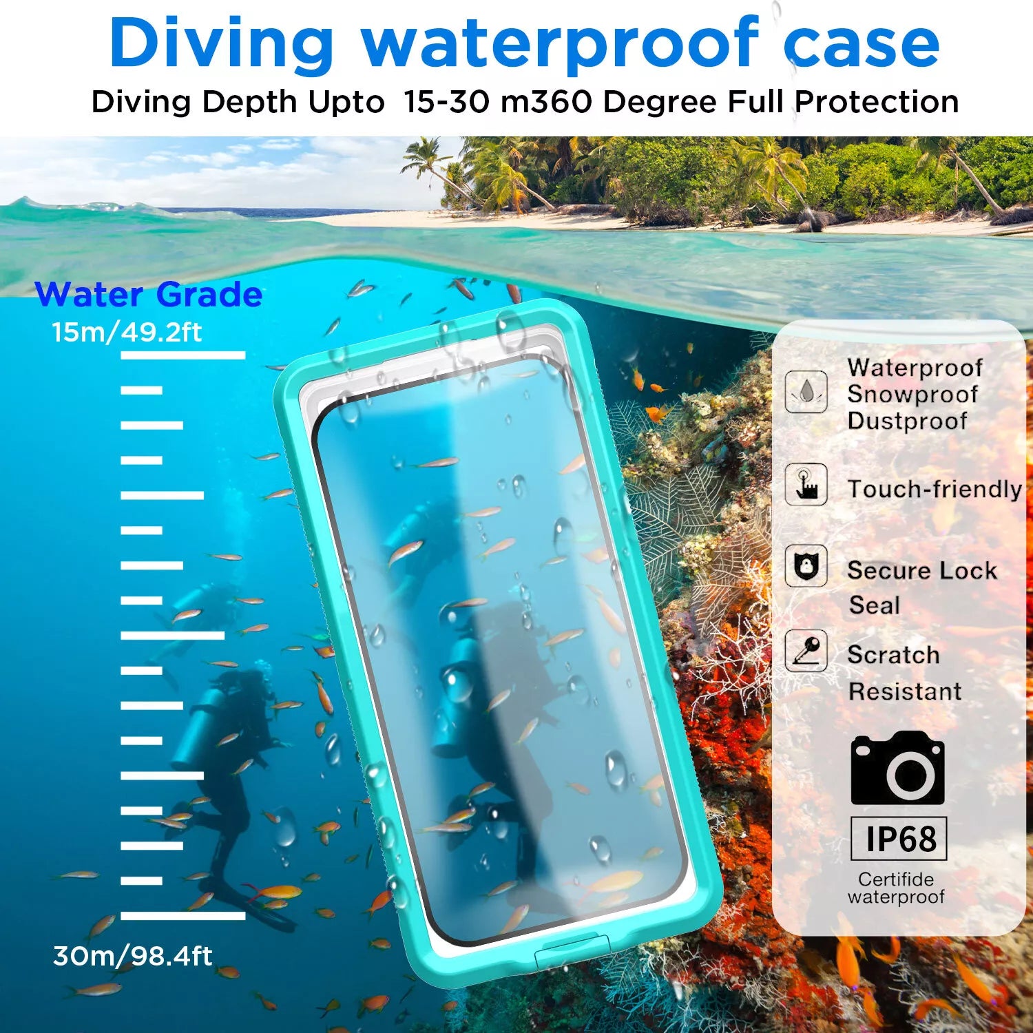 Waterproof Phone Case with Self-Check Air Inflation and Lanyard for Easy Carrying 15-30M 360 Degree Protection