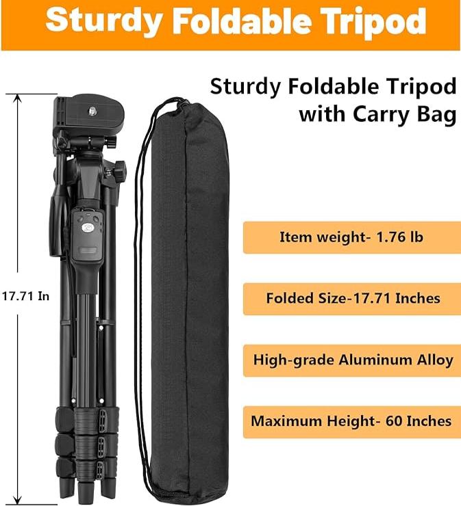 60Inch Aluminum Tripod with Remote, Travel Bag & Phone Mount for Cameras - Sturdy Foldable Tripod